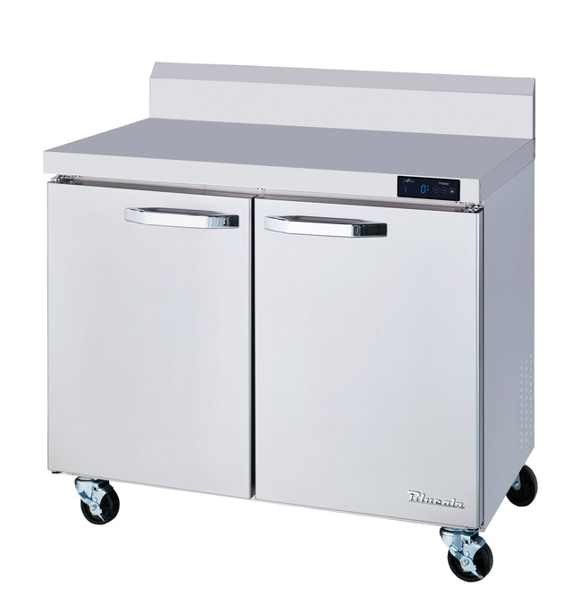 A commercial stainless steel two-section freezer with undercounter design, horizontal handles, digital control panel, backsplash, and four caster wheels. Its reflective work top freezer surface is ideal for any professional kitchen environment.