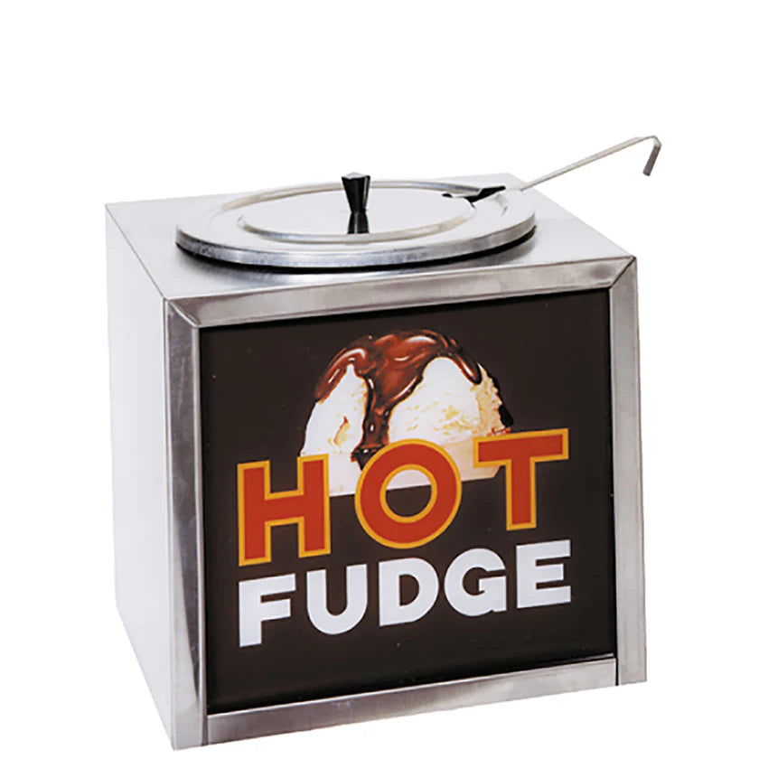 A Hot Fudge Warmer with a stainless steel container, lid, and ladle. The bold red and white HOT FUDGE sign sits above a dark brown background, perfect for attracting attention atop any stainless cabinet.