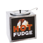 A Hot Fudge Warmer with a stainless steel container, lid, and ladle. The bold red and white HOT FUDGE sign sits above a dark brown background, perfect for attracting attention atop any stainless cabinet.