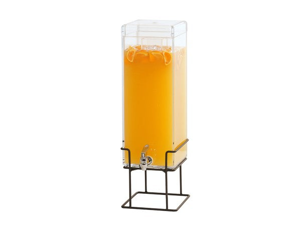 A tall, clear Ice Beverage Dispenser filled with orange juice and ice sits on a black metal stand with a modern, open-frame design. Its spigot at the bottom and sleek polycarbonate beverage chamber stand out against a plain white background.