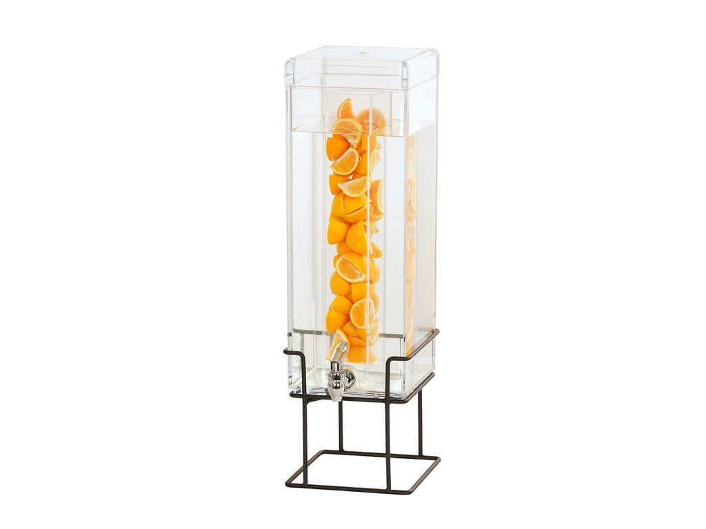 A tall, clear 3 gallon infusion beverage dispenser with a polycarbonate beverage chamber and spigot sits on a black metal stand with an open, geometric design, filled with water and sliced oranges in the central tube.