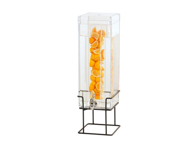 A tall, clear 3 gallon infusion beverage dispenser with a polycarbonate beverage chamber and spigot sits on a black metal stand with an open, geometric design, filled with water and sliced oranges in the central tube.