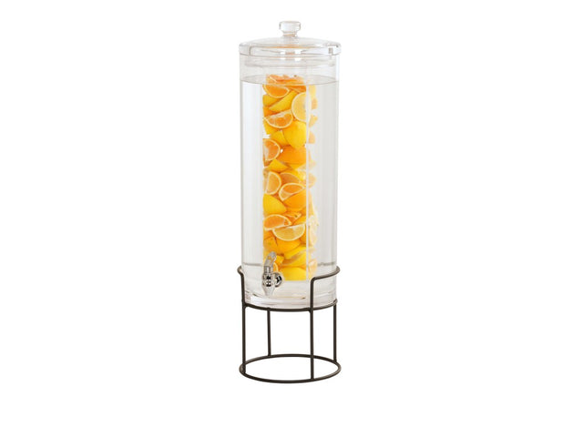 A tall, clear 3 Gallon Infusion Beverage Dispenser on a black metal stand features a polycarbonate beverage chamber with a central infuser tube holding lemon wedges. It has a lid and a metal spigot near the base for easy pouring.