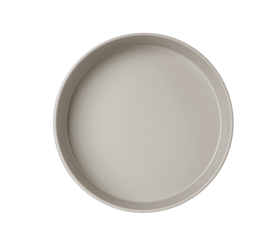 A round, shallow Ash Melamine Bowl with smooth sides and no handles is shown against a white background. This 10" bowl appears empty, viewed from directly above, and is dishwasher safe for easy cleaning.