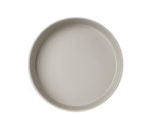 A round, shallow Ash Melamine Bowl with smooth sides and no handles is shown against a white background. This 10" bowl appears empty, viewed from directly above, and is dishwasher safe for easy cleaning.