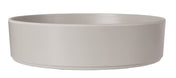 A plain, round 10" Ash Melamine Bowl with smooth sides and a matte light gray finish, viewed from the side against a white background. This simple, modern bowl is dishwasher safe and free of visible patterns or decorations.