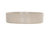 A plain, round, beige Hudson Bowl with straight, smooth sides and a flat base. The minimalist melamine bowl features a simple design, is dishwasher safe, and sits against a white background that highlights its neutral color and clean lines.