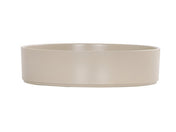 A plain, round, beige Hudson Bowl with straight, smooth sides and a flat base. The minimalist melamine bowl features a simple design, is dishwasher safe, and sits against a white background that highlights its neutral color and clean lines.