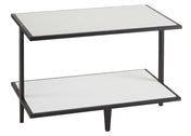 A modern, rectangular Cal-Mil Monterey Riser features a black metal frame and smooth white surfaces on both tiers. The functional 2-tier riser includes a bottom shelf supported by an extra central leg, showcasing minimalist design.