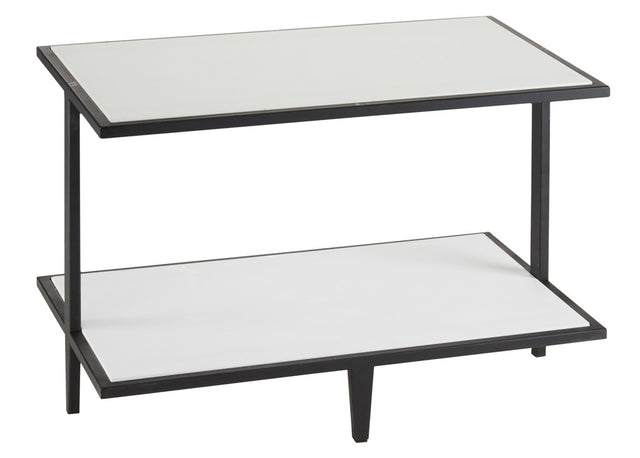 A modern, rectangular Cal-Mil Monterey Riser features a black metal frame and smooth white surfaces on both tiers. The functional 2-tier riser includes a bottom shelf supported by an extra central leg, showcasing minimalist design.