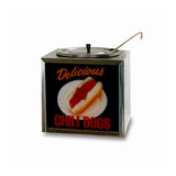 A dipper style Chili Warmer food dispenser with a lid and ladle, featuring adjustable heat controls. The sign shows a chili dog on a white plate and reads “Delicious CHILI DOGS” in orange and red. Set against a plain white background.