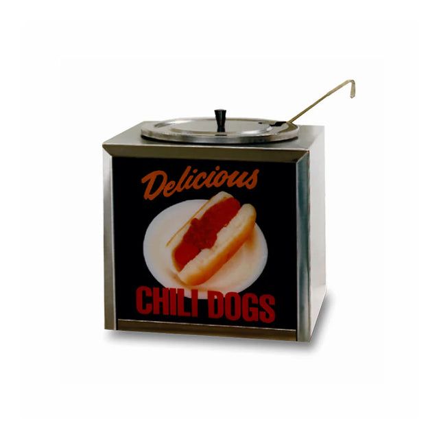 A dipper style Chili Warmer food dispenser with a lid and ladle, featuring adjustable heat controls. The sign shows a chili dog on a white plate and reads “Delicious CHILI DOGS” in orange and red. Set against a plain white background.