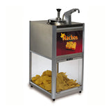 A stainless steel countertop merchandiser features a top pump cheese warmer and a lower glass compartment acting as a chip warmer, filled with yellow tortilla chips. A red sign displays Nachos with an image of chips and cheese.