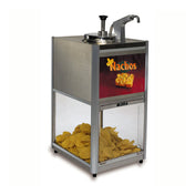 A stainless steel countertop merchandiser features a top pump cheese warmer and a lower glass compartment acting as a chip warmer, filled with yellow tortilla chips. A red sign displays Nachos with an image of chips and cheese.