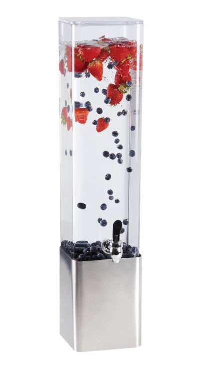 A tall, clear 2 gallon beverage dispenser with a stainless steel base is filled with water, floating strawberries, raspberries, and blueberries near the top, and more blueberries resting at the bottom. A spigot is attached to the front for dispensing.
