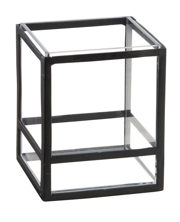 A black wireframe cube with open sides, showing a simple geometric design. This versatile piece can be used as a presentation display or countertop riser, with equal-length edges and square faces for visible depth and perspective.