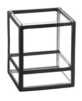 A black wireframe cube with open sides, showing a simple geometric design. This versatile piece can be used as a presentation display or countertop riser, with equal-length edges and square faces for visible depth and perspective.