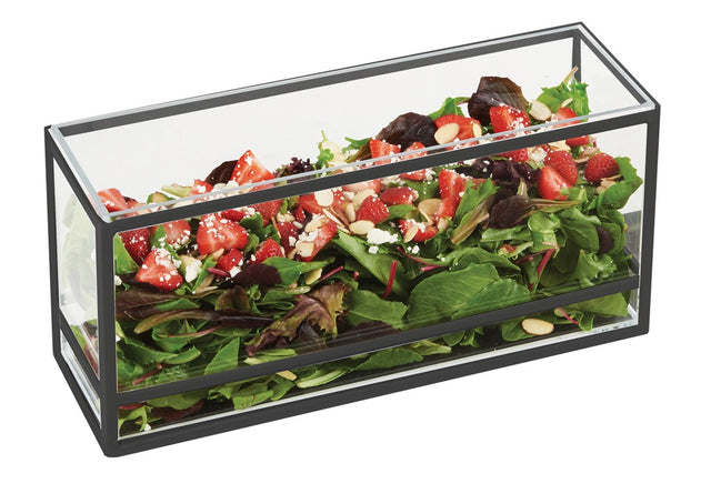 A transparent rectangular Cal-Mil glass box with a black metal frame showcases mixed green salad, strawberries, cheese, and almond slivers—an elegant presentation display set against a white background.
