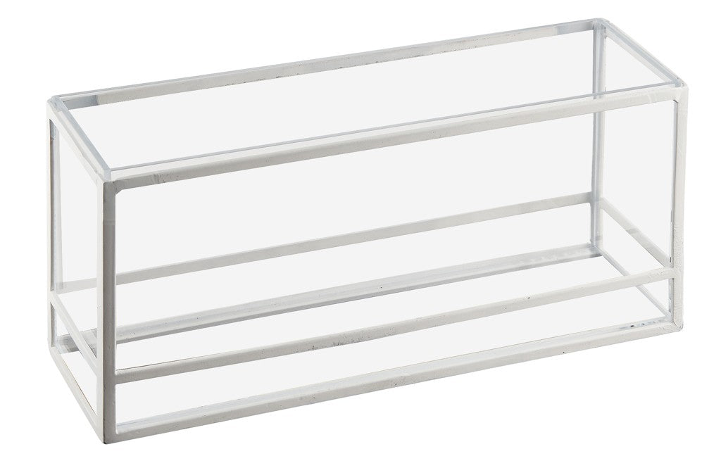 A clear rectangular glass box with a thin white metal frame, open on one side. Perfect as a countertop riser or presentation display, this Cal-Mil-inspired piece adds a minimalist, modern touch while sitting empty on any flat surface.