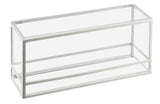 A clear rectangular glass box with a thin white metal frame, open on one side. Perfect as a countertop riser or presentation display, this Cal-Mil-inspired piece adds a minimalist, modern touch while sitting empty on any flat surface.