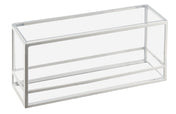 A clear rectangular glass box with a thin white metal frame, open on one side. Perfect as a countertop riser or presentation display, this Cal-Mil-inspired piece adds a minimalist, modern touch while sitting empty on any flat surface.