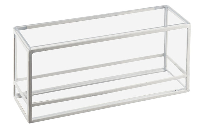 A clear rectangular glass box with a thin white metal frame, open on one side. Perfect as a countertop riser or presentation display, this Cal-Mil-inspired piece adds a minimalist, modern touch while sitting empty on any flat surface.