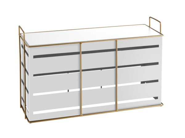 A modern rectangular sideboard with horizontal white slats and a slim gold wire frame. The cabinet features two large doors, open sides, and combines white wood with gold metal for a clean, contemporary look.