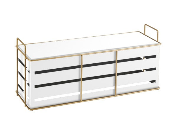 A rectangular white storage box with horizontal black stripes, a gold wire frame, and two handles on each end. The flat top surface and open slatted sides reveal the interior. The box sits on a plain white background.