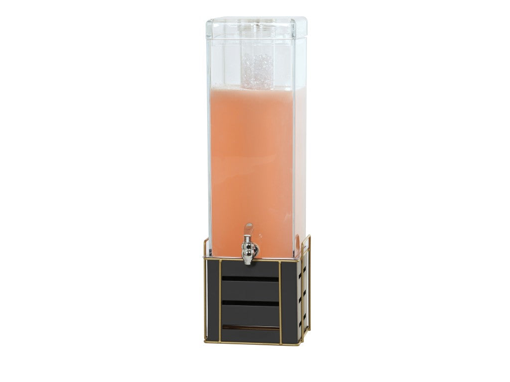 The Empire Beverage Dispenser is a tall, clear 3 gallon rectangular container with a spigot at the front, filled with pink liquid. BPA Free, it features a black base with gold trim and cutouts, standing isolated on a white background.