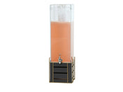 The Empire Beverage Dispenser is a tall, clear 3 gallon rectangular container with a spigot at the front, filled with pink liquid. BPA Free, it features a black base with gold trim and cutouts, standing isolated on a white background.