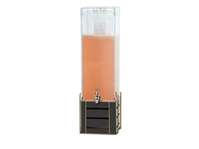 The Empire Beverage Dispenser is a tall, clear 3 gallon rectangular container with a spigot at the front, filled with pink liquid. BPA Free, it features a black base with gold trim and cutouts, standing isolated on a white background.