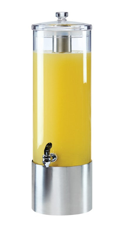 A tall, clear 3 gallon beverage dispenser filled with yellow-orange juice, featuring a BPA free design, metal lid, cylindrical ice core inside, stainless steel base, and a black spigot near the bottom for pouring drinks. The background is plain white.