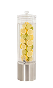 A tall, clear BPA free beverage dispenser filled with water and slices of lemon and lime. The dispenser has a silver base, a small spigot near the bottom for pouring, and a clear lid on top. The fruit slices are stacked vertically inside.