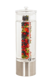 A tall, clear BPA free beverage dispenser with a metal base and spigot is filled with water. The infusion chamber holds fresh berries—strawberries, raspberries, blueberries, and blackberries—adding vibrant color to the transparent drink.