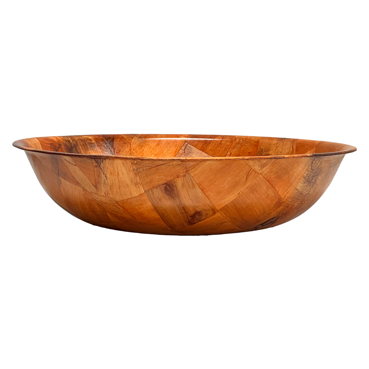 A shallow, round woven wood salad bowl with a smooth finish and a patchwork pattern of light and dark brown wood pieces, set against a plain white background.