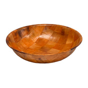 A round, shallow woven wood salad bowl with a smooth surface and checkered pattern of differently shaded wood pieces creates a patchwork appearance. The empty bowl is set against a white background.