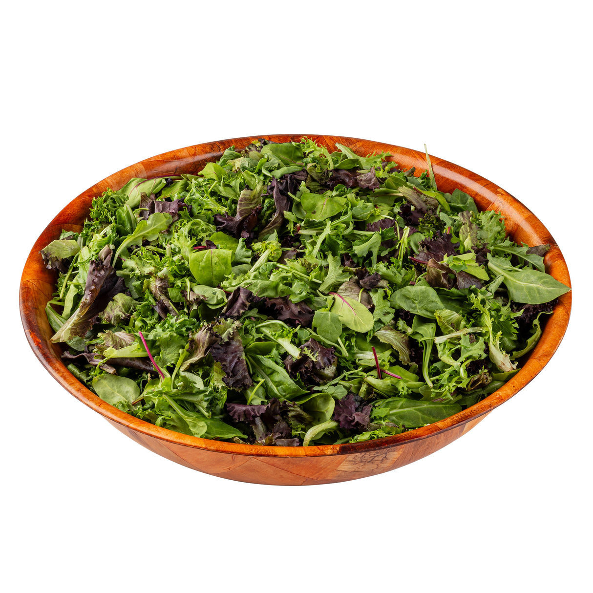 A large 14-1/2 qt. salad bowl filled with a mix of fresh, leafy salad greens, including light green and dark purple leaves, isolated on a white background.