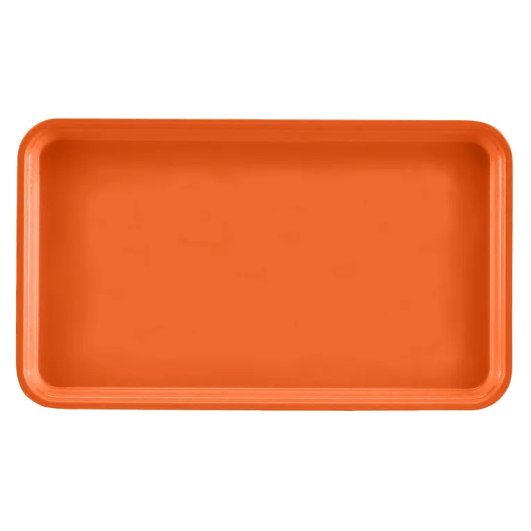 A rectangular, orange Camtray with slightly rounded corners, seen from above. This high-impact fiberglass tray features a raised edge, a smooth, glossy finish, and is dishwasher safe. The background is plain white.