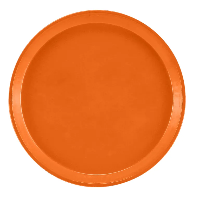 A round orange Serving Camtray with a raised rim is shown on a plain white background. The tray appears to be made of plastic and is entirely orange, with no patterns or decorations. It is also dishwasher safe for easy cleaning.