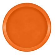 A round orange Serving Camtray with a raised rim is shown on a plain white background. The tray appears to be made of plastic and is entirely orange, with no patterns or decorations. It is also dishwasher safe for easy cleaning.
