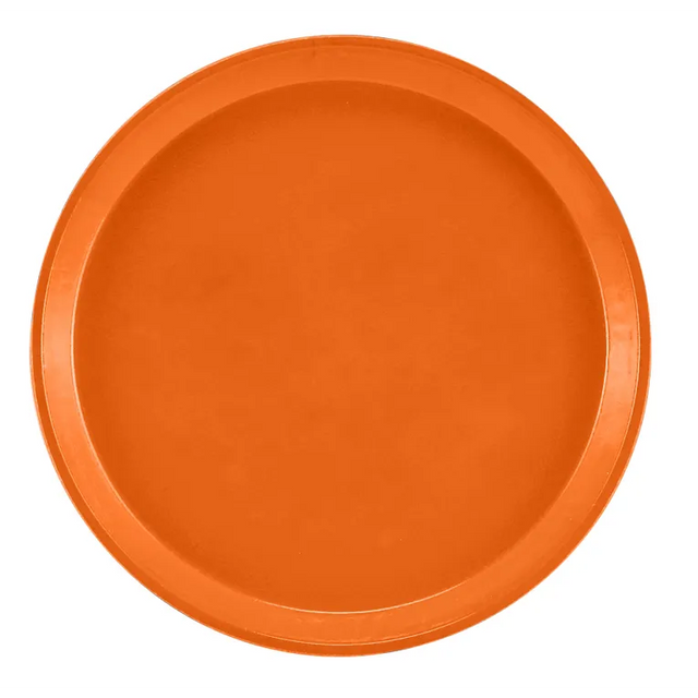 A round orange Serving Camtray with a raised rim is shown on a plain white background. The tray appears to be made of plastic and is entirely orange, with no patterns or decorations. It is also dishwasher safe for easy cleaning.