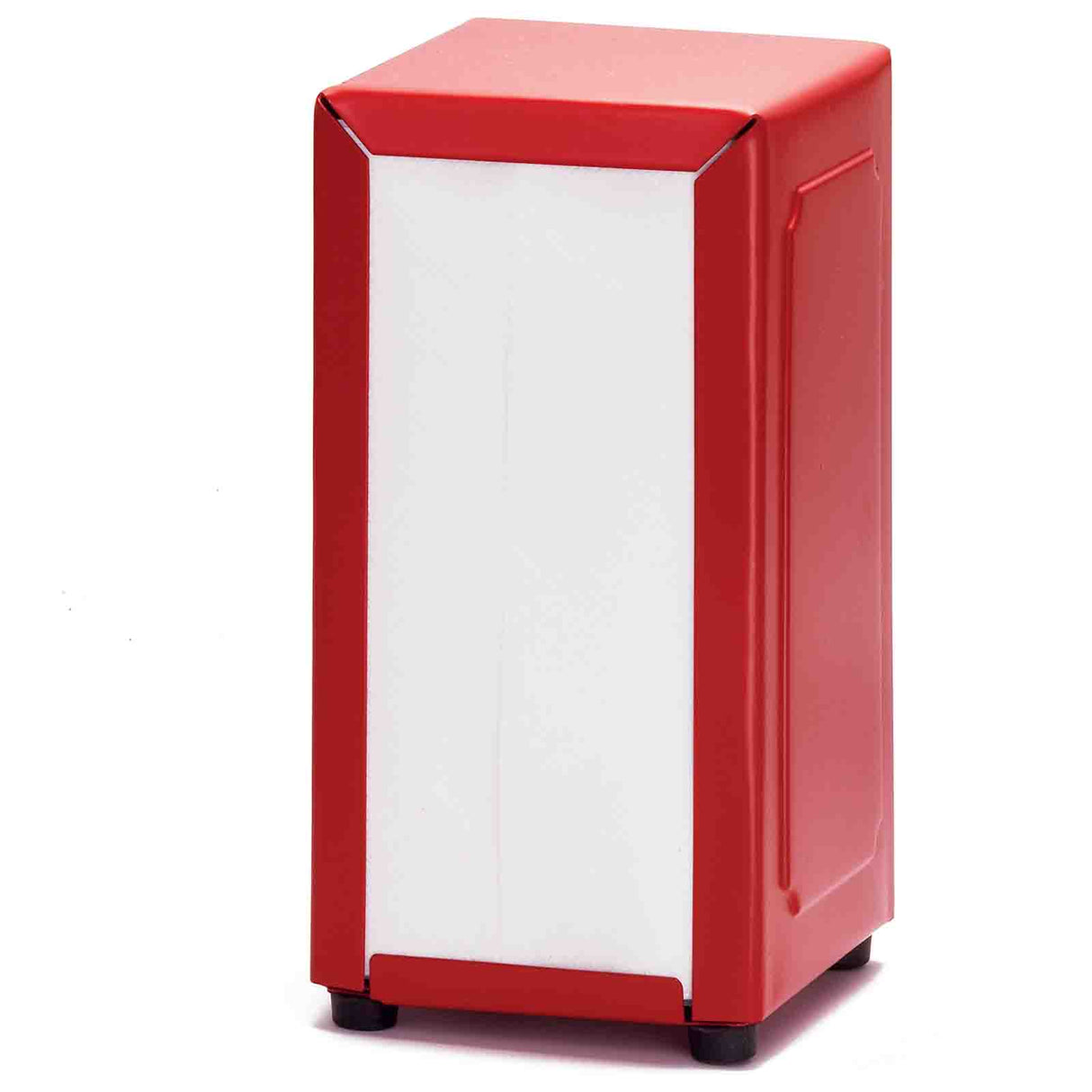 A rectangular, upright red TableCraft napkin dispenser with white front and side panels, standing on four small black feet. The dispenser features a simple, retro design with smooth edges and a glossy stainless steel finish.