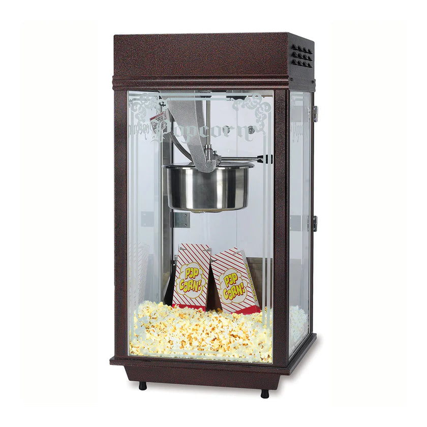 A vintage-style Mega Pop Popcorn Machine with a glass enclosure, brown frame, and 12/14 oz. kettle. Inside, two red-and-white striped popcorn bags labeled Pop Corn sit amid freshly popped popcorn at the bottom.