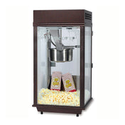 A vintage-style Mega Pop Popcorn Machine with a glass enclosure, brown frame, and 12/14 oz. kettle. Inside, two red-and-white striped popcorn bags labeled Pop Corn sit amid freshly popped popcorn at the bottom.