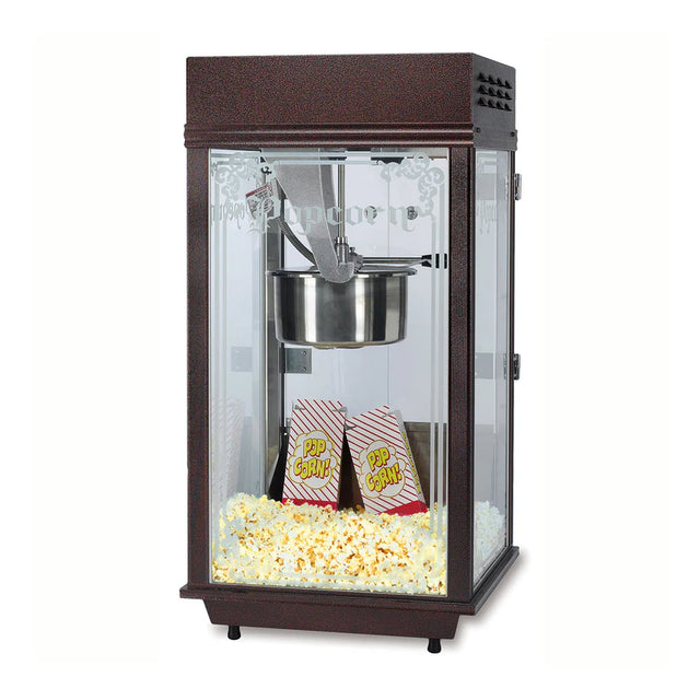 A vintage-style Mega Pop Popcorn Machine with a glass enclosure, brown frame, and 12/14 oz. kettle. Inside, two red-and-white striped popcorn bags labeled Pop Corn sit amid freshly popped popcorn at the bottom.