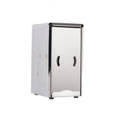 A TableCraft stainless steel rectangular napkin dispenser with a flat top and small black feet, photographed against a plain white background. The front panel features two curved slots and a lower cutout for pulling napkins.