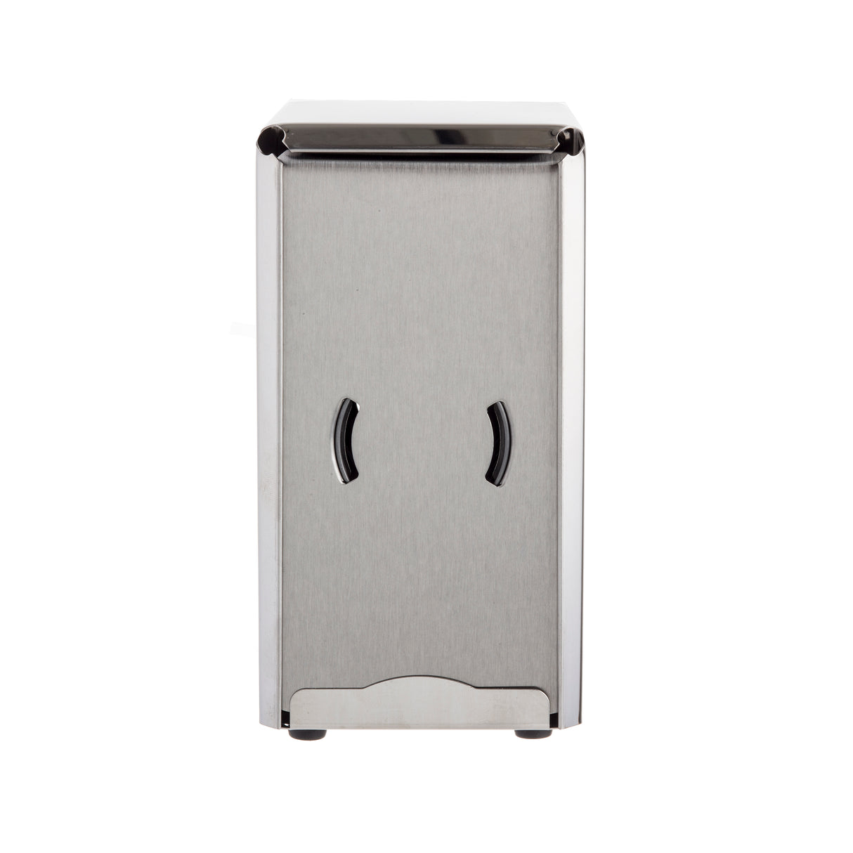 The TableCraft stainless steel napkin dispenser features a rectangular shape with two vertical oval openings for easy access, a reflective lid, and stands upright against a plain white background.