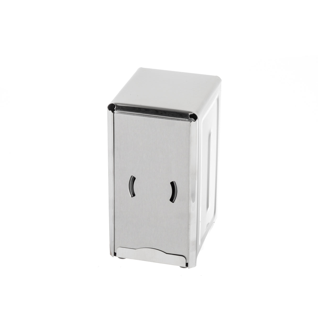 A rectangular TableCraft stainless steel napkin dispenser with a smooth, shiny surface and two curved slots on the front stands upright on a white background, ready for easily pulling out napkins.