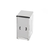 A rectangular TableCraft stainless steel napkin dispenser with a smooth, shiny surface and two curved slots on the front stands upright on a white background, ready for easily pulling out napkins.