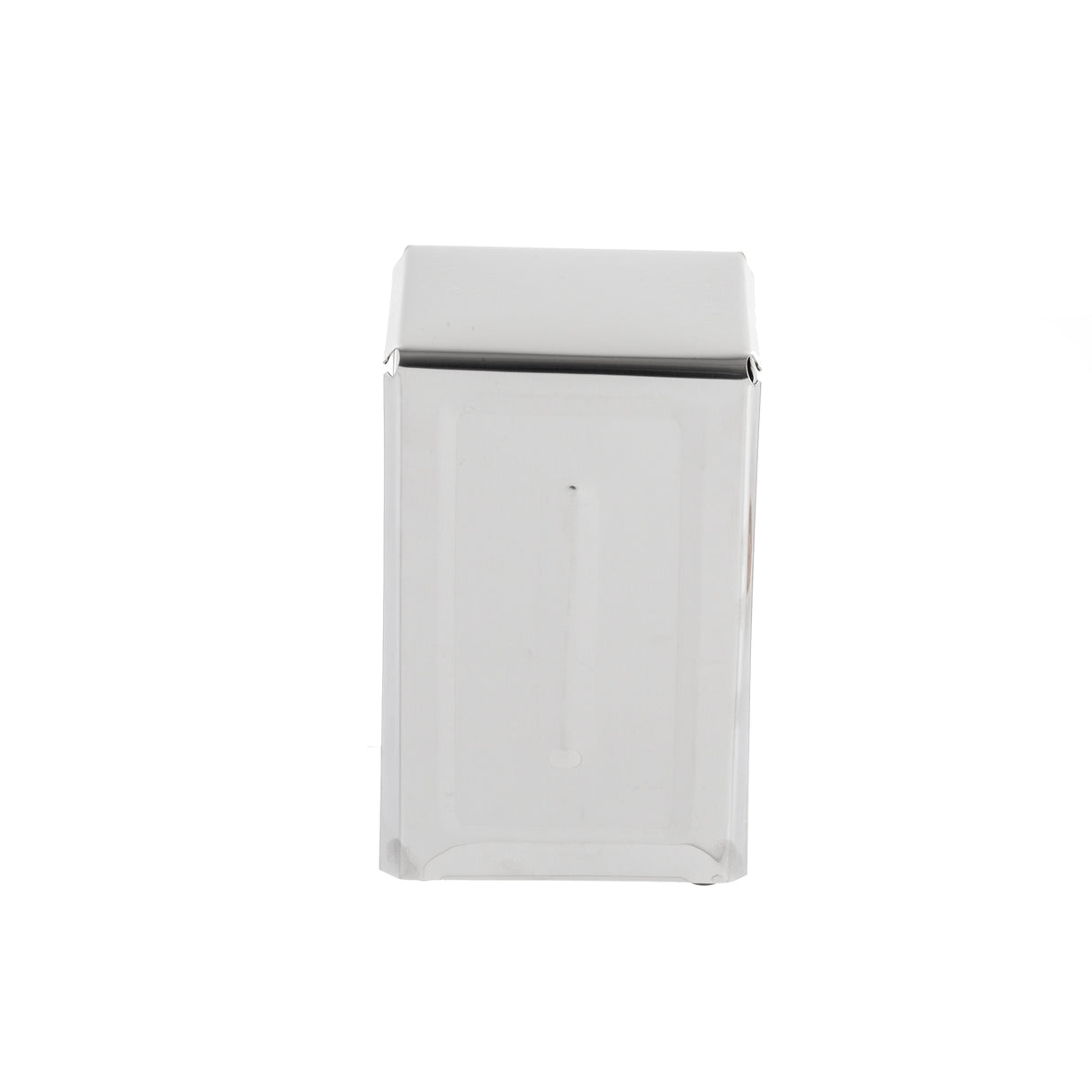 A shiny, rectangular TableCraft napkin dispenser is shown against a plain white background. Made of stainless steel, it features a smooth surface with a front slot for dispensing napkins and a lid on top. The design is simple and utilitarian.
